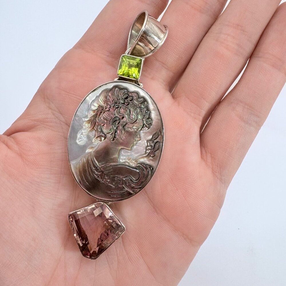 Sterling Silver 925 Peridot Smoky Quartz Mother of Pearl Cameo Pendant  3.5" L